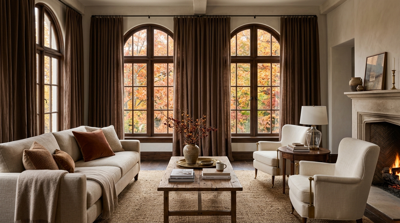 Chocolate Brown Curtains with Warm Neutral Furniture